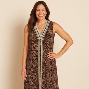 Soft Surroundings Tribal Print Maxi Dress Sleeveless Brown Black Resort Wear 2X